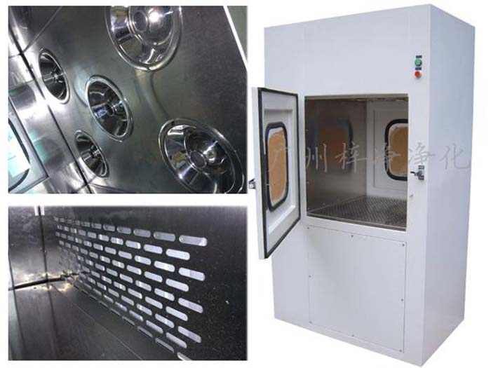 風(fēng)淋傳遞窗通過高效空氣過濾器、風(fēng)淋噴嘴吹淋